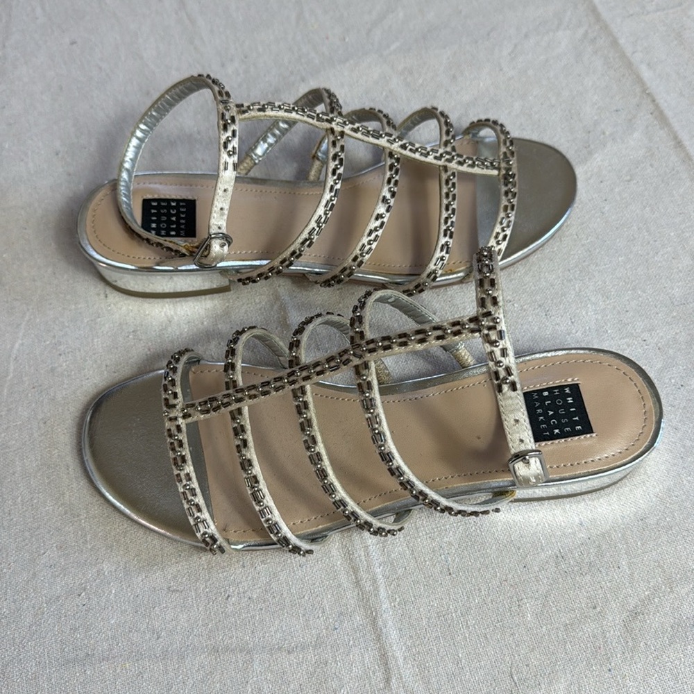 White House Black Market Silver Strappy Sandals.